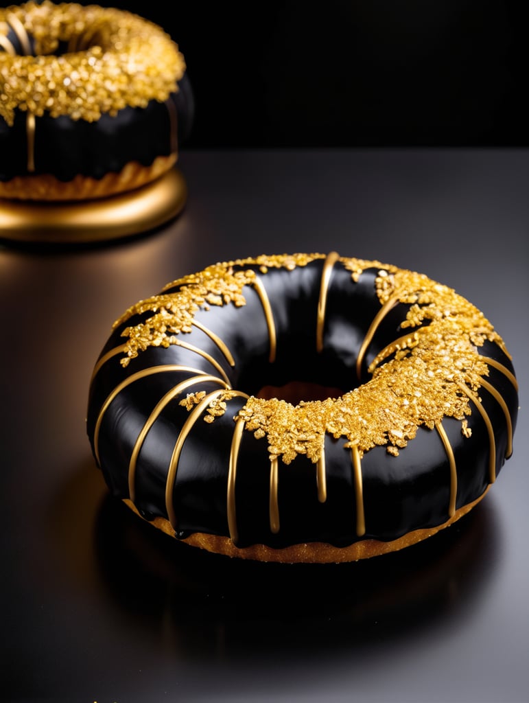 черный пончик покрыт золотом лежит на черном столе, черная комната, слабое освещение