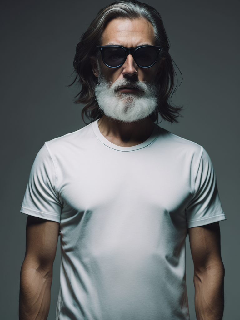a torso of a (very old man), wearing ((black sunglasses)), white t-shirt, (((white hair))), front view, grey background