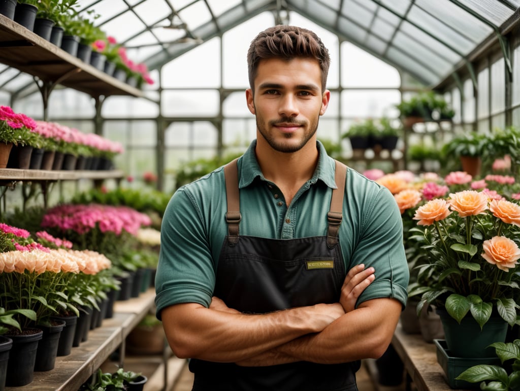 Realistic photography of a handsome young male florist gardener posing in greenhouse. Small business owner in flower shop