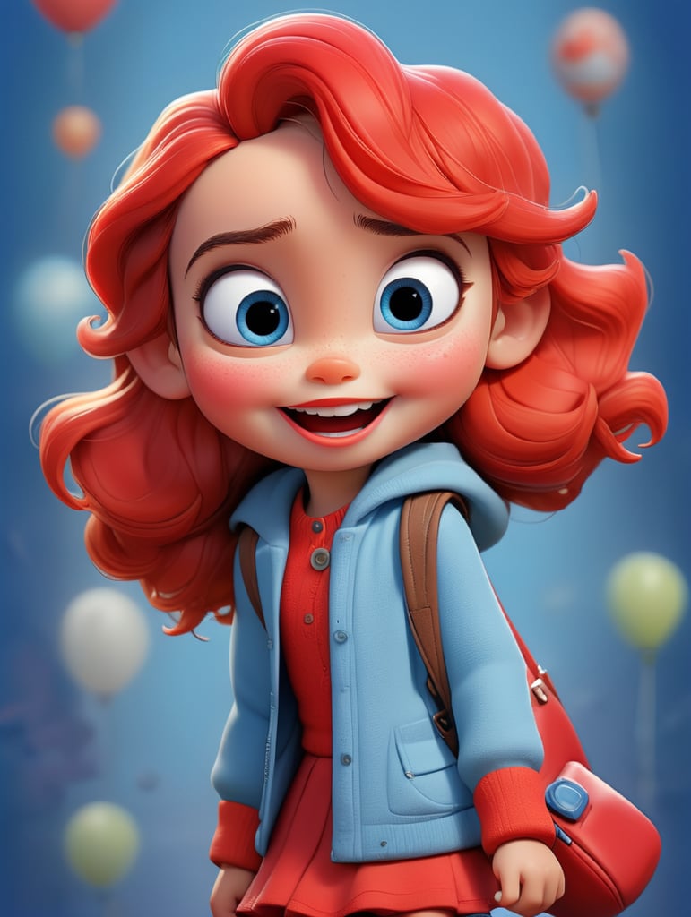 photo happy little girl going to travel, cute girl, dressed in all red, blue background, harpers bizarre, cover, headshot, hyper realistic