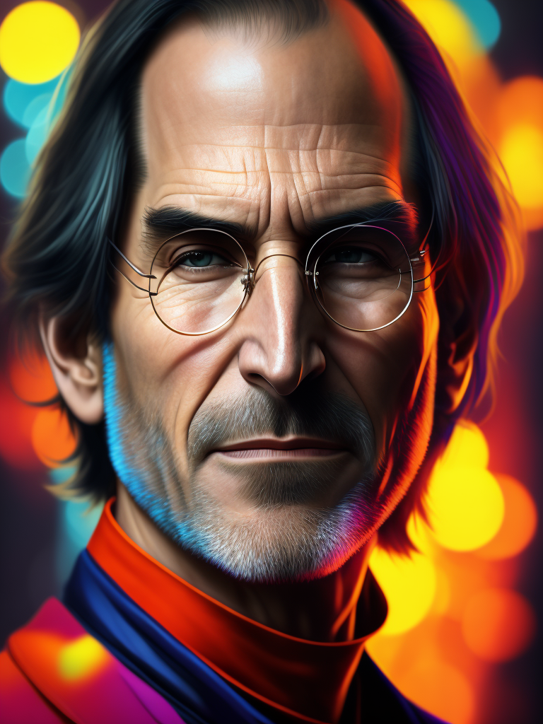 Portrait of Steve Jobs, bright and saturated colors, elegant, highly detailed, vogue, fashion magazine, sharp focus, bright expressive makeup, dramatic lighting, depth of field, incredibly high detailed, blurred background