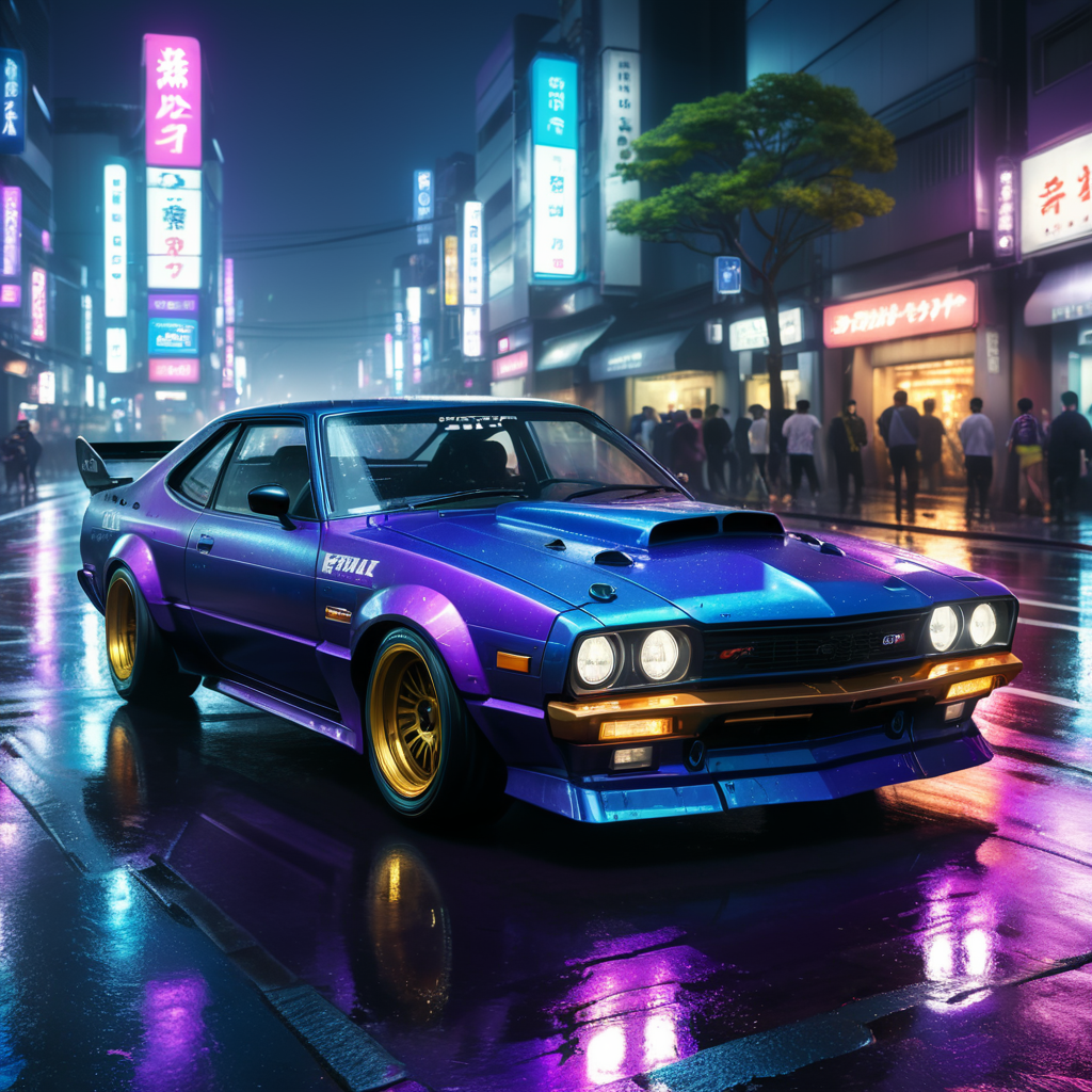 Sport drift car on a wet street in Tokyo during night, cyberpunk futuristic style, purple blue tones