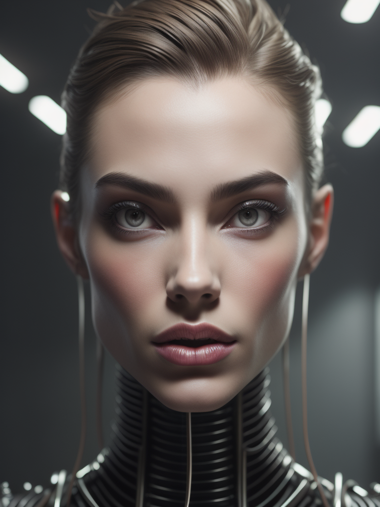 Portrait of a robot girl, enormous lips, transparent neck, porcelain face and head, robotic parts, cyberpunk, cable electric wires, hyperrealistic, fantasy, octane render, intricate, concept art, professional studio lighting