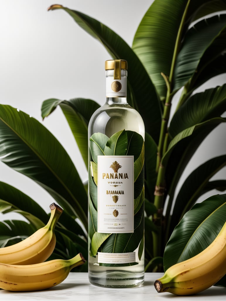 Packaging and branding for a banana vodka brand as if it had been designed by HI ESTUDIO with In a set design with banana, banana leaves.