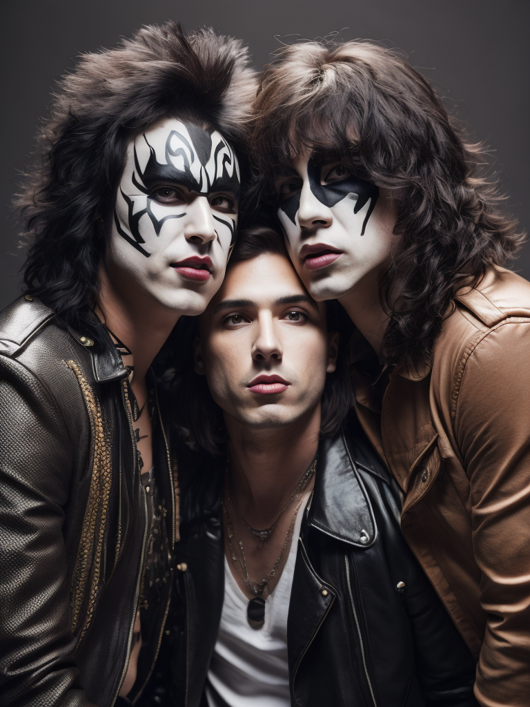 Rock band Kiss, studio photo, professional photo, Bright and rich colors, Detailed image, detailed face,
