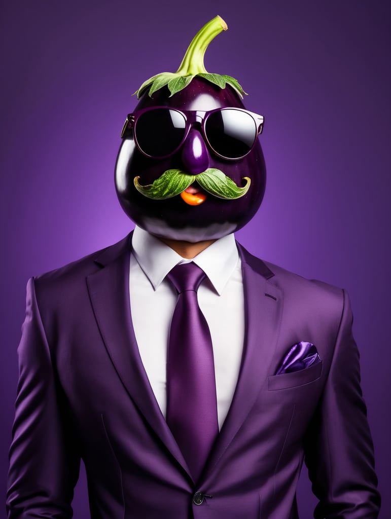 A man in a business suit with a eggplant for a head, dark purple background, sunglasses, isolated