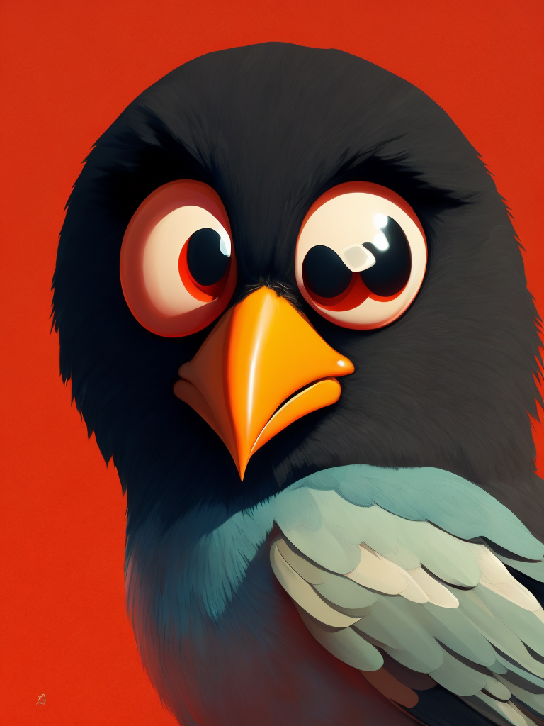 angry birds, black round bird on red background, standing centered in 3D style, rendered using beautiful Disney animation, Pixar style, Disney style, 3D style