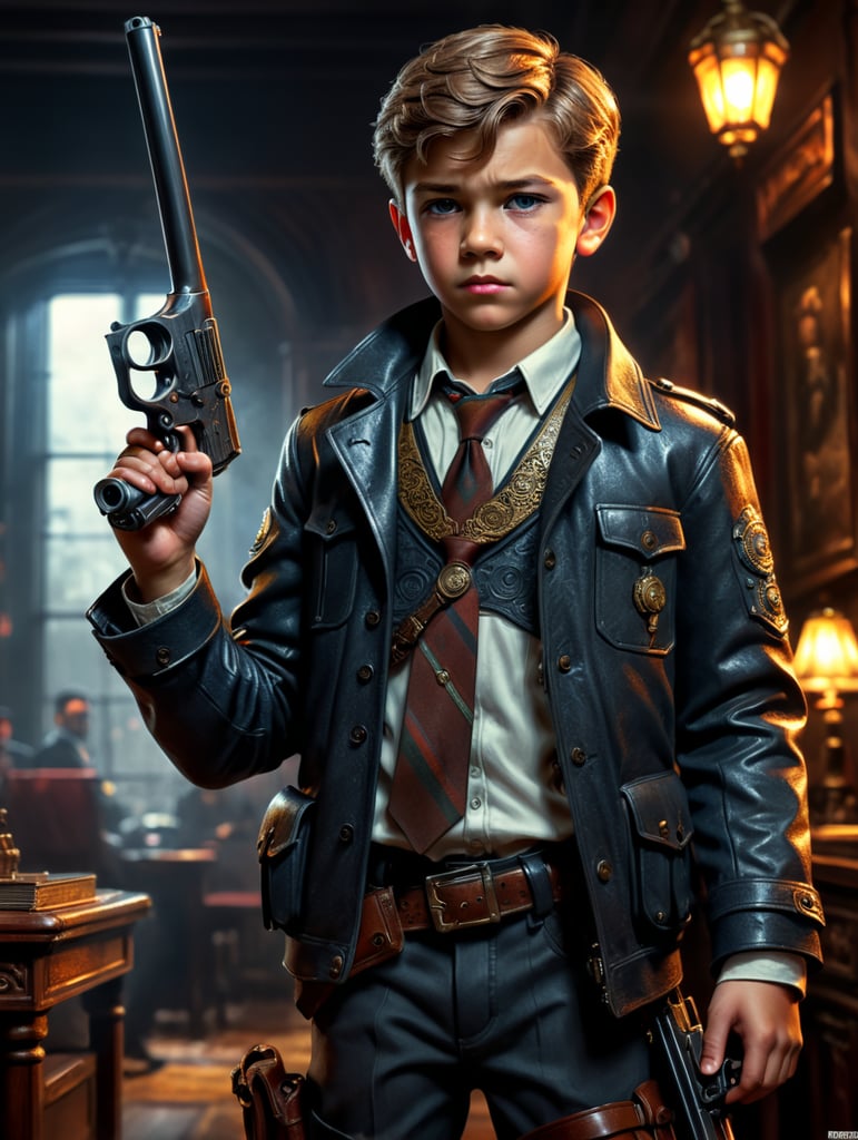 A boy in detective clothes and a gun in his hand