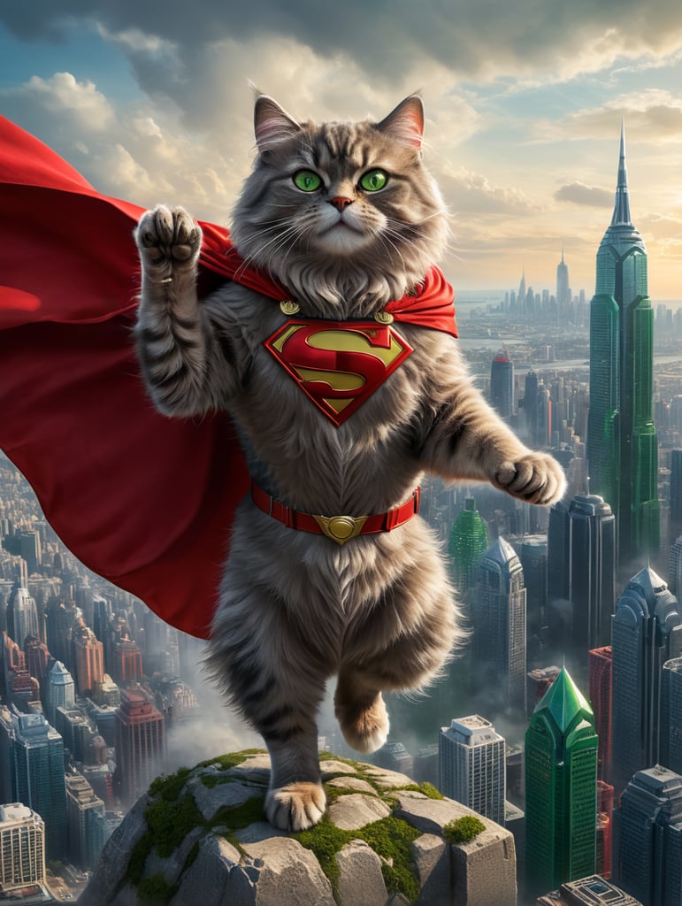 grey siberian cat, with a red cape, flying in the sky, red glasses, in a city, green eyes, he is doing the pose of superman in the sky, has abs, big muscels is smiling
