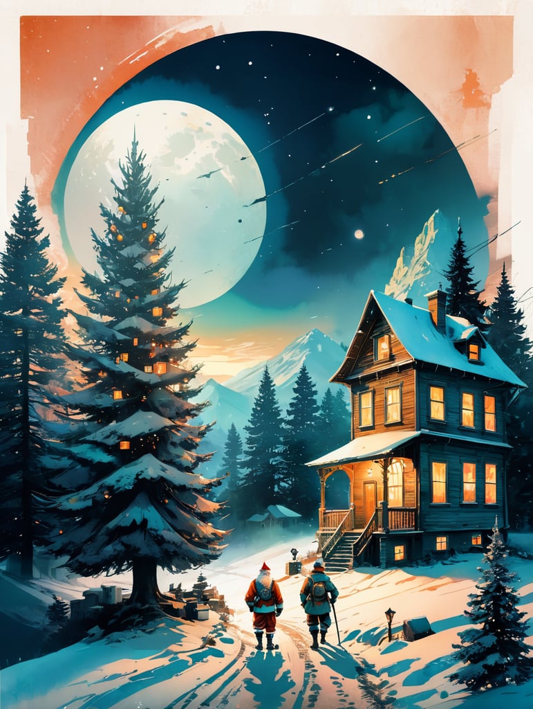 christmas card, santa claus in the foreground, christmas tree, fairytale houses, atmosphere of christmas and joy, sky strewn with stars. the postcard was made in the 60s