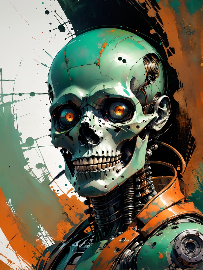 a skinny full-body robot painted a matte and rusty green, scratches and peeling marks, a screaming human skull fits inside a cracked glass dome, all corrugated and visible gears, freehand drawing, stripped lines, artist style Ashley Wood