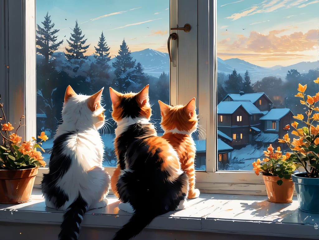 Back view of a black and white kitten, a ginger kitten and a tabby kitten, sitting on a windowsill looking at a wintery garden