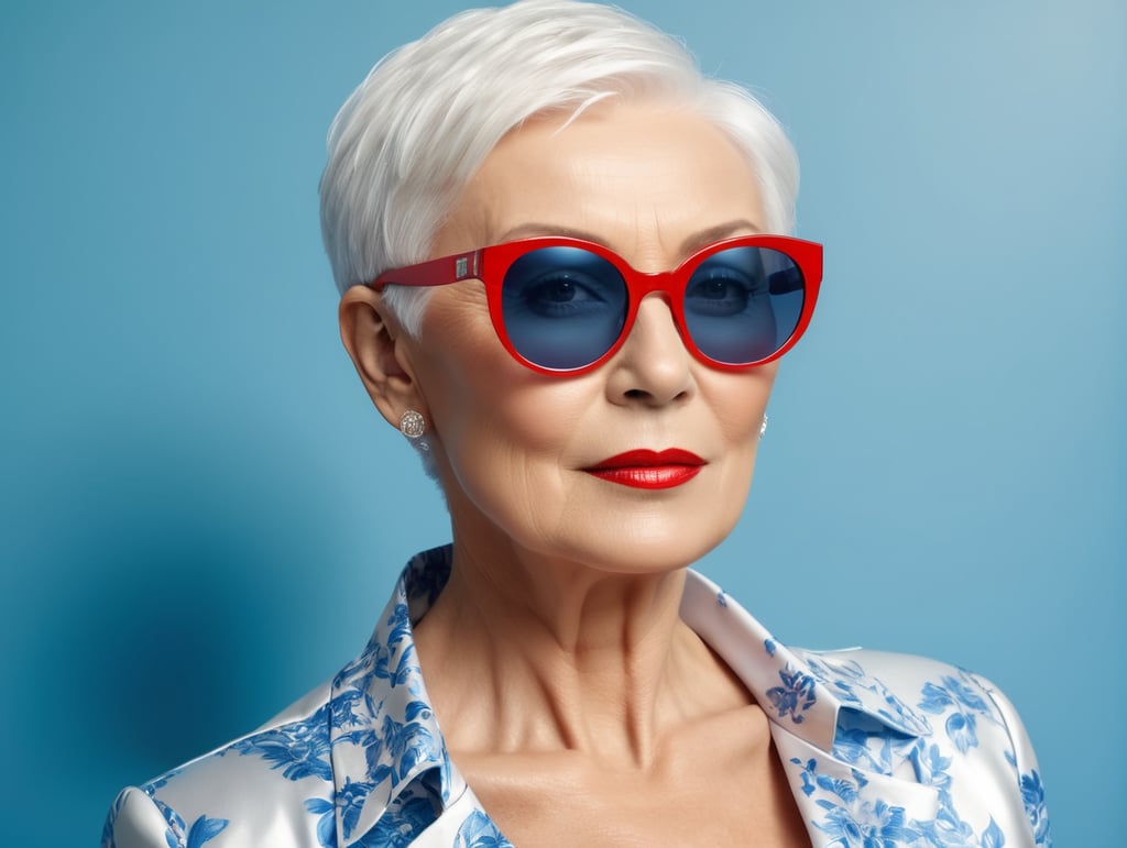 A portrait of a beautiful English older woman with white platinum short hair and big sunglasses, dressed all red, blue background, big cleavage, glamorous London portrait, highly realistic, women designer, very fashionable, colourful