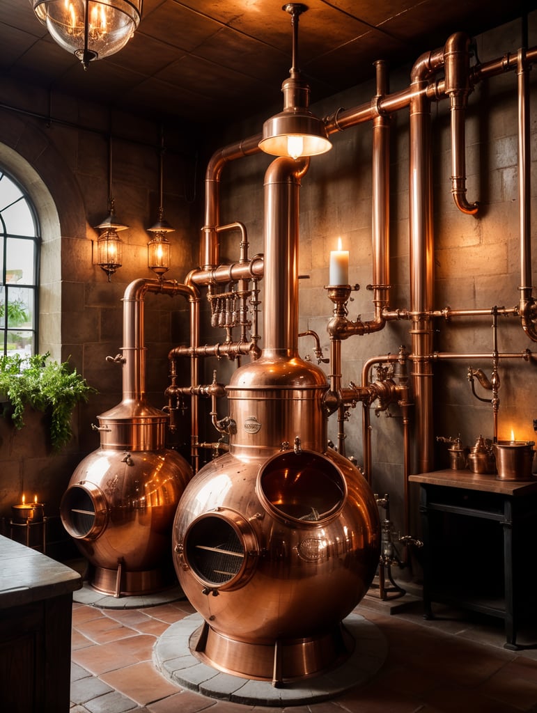 Close-up of a Copper distillation unit alembic, candles on the walls, Dim antique room for whiskey production, herbs and hops, old master sitting on a chair