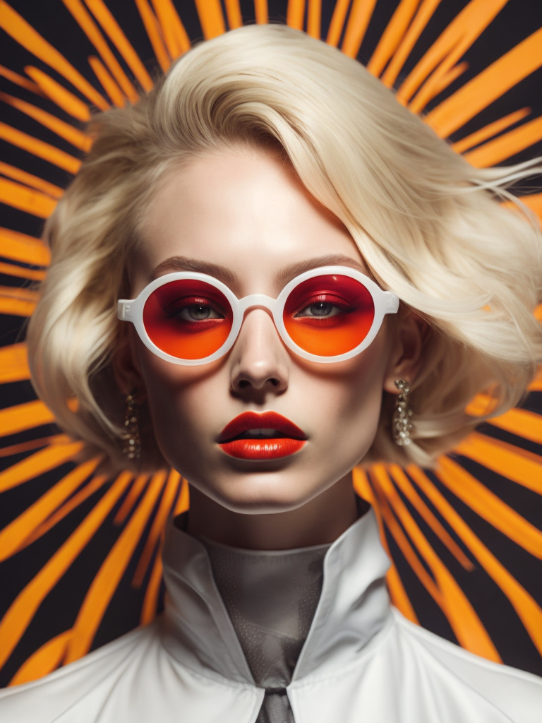 Pale-skinned girl model, wearing a high-necked dress, contrast lighting, white sunglasses with red-orange lenses, red lips, blonde hair in a bob style, dark background with orange-red rays, fashion model, magazine cover, professional shot,