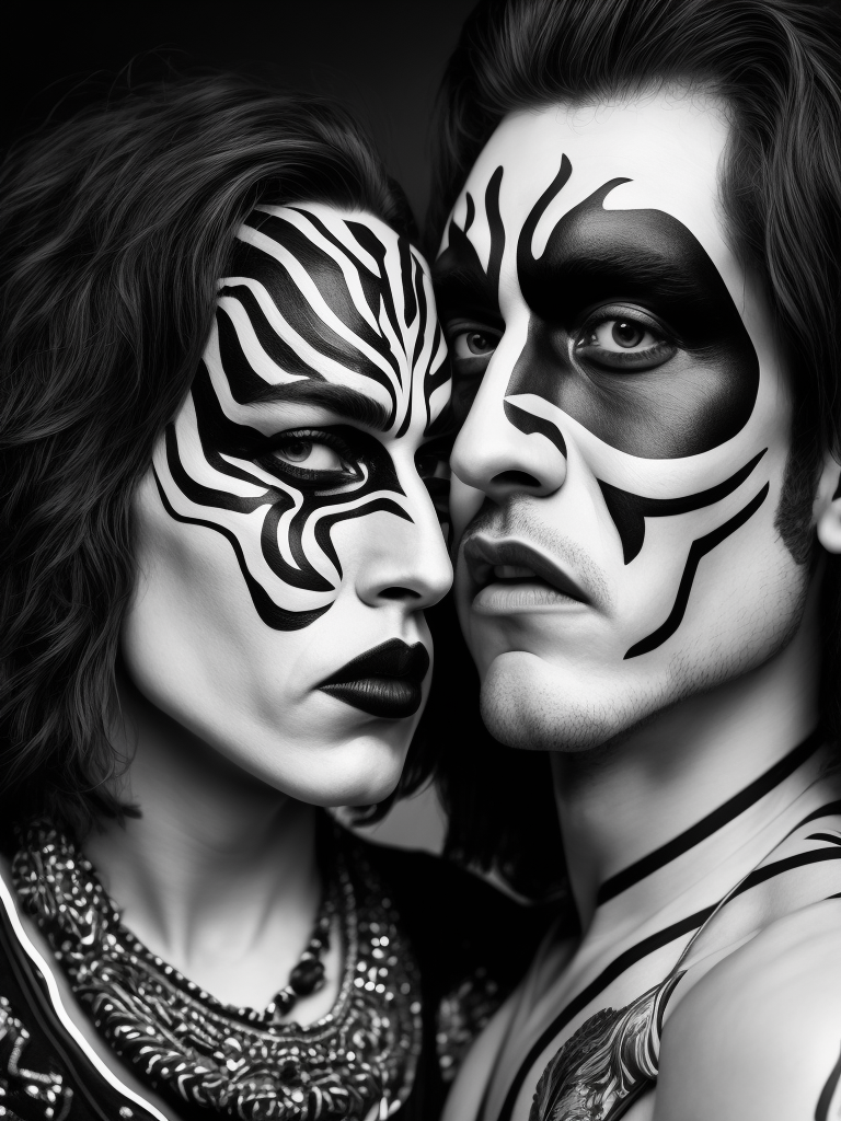 Rock band Kiss, Faces painted black and white, studio photo, professional photo, Bright and rich colors, Detailed image, detailed face