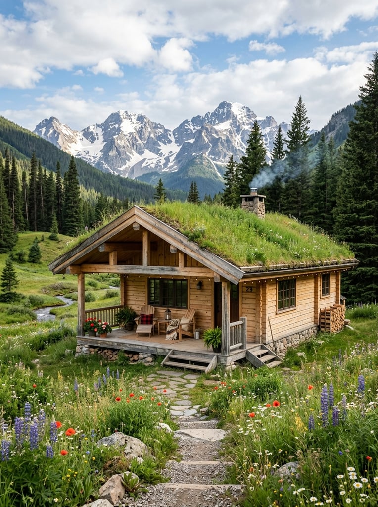 light wood cabin with grass roof, covered porch, patio seating, tall pines, grassy meadow with wildflowers, snow-capped mountain background, photorealistic render