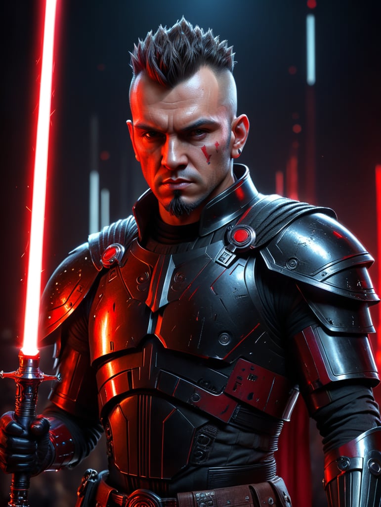 Brunette, male, mohawk, sith Lord, Star wars, red lightsaber