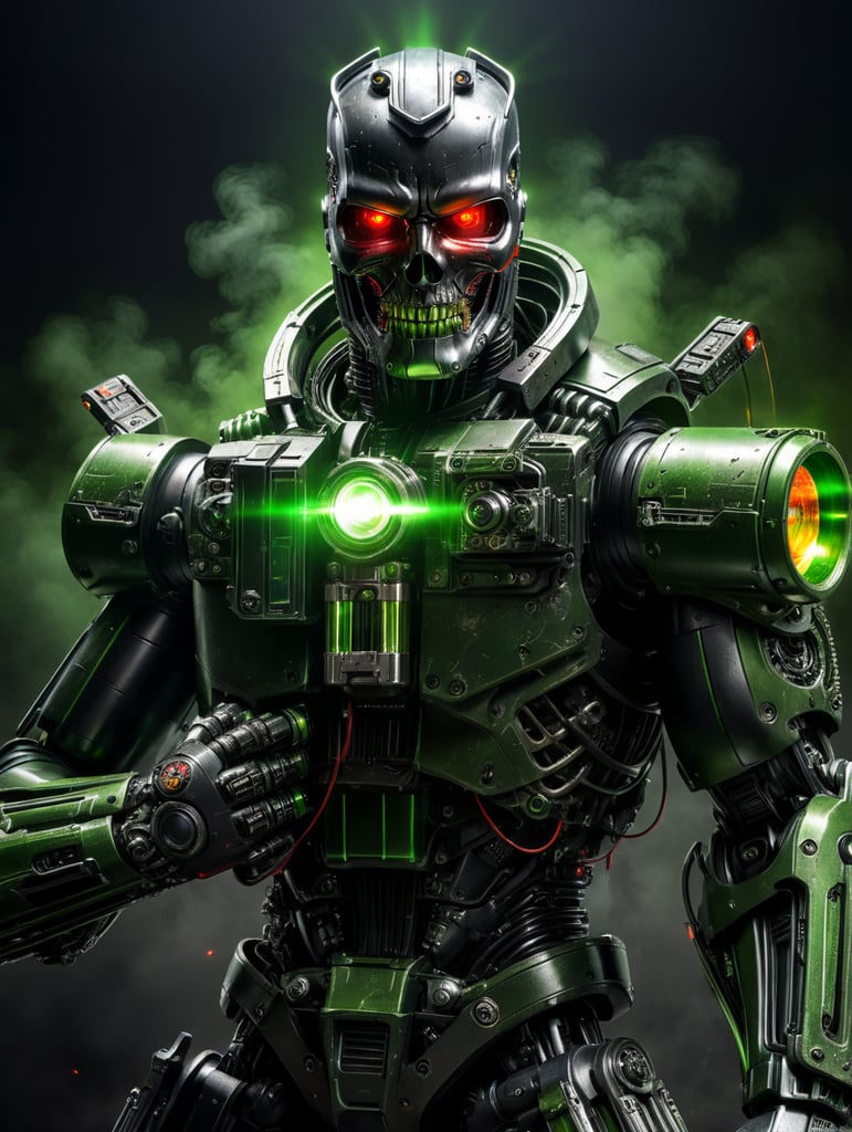 terminator t-800 with faceless cybog head holding laser gun that shoots a green laser beam