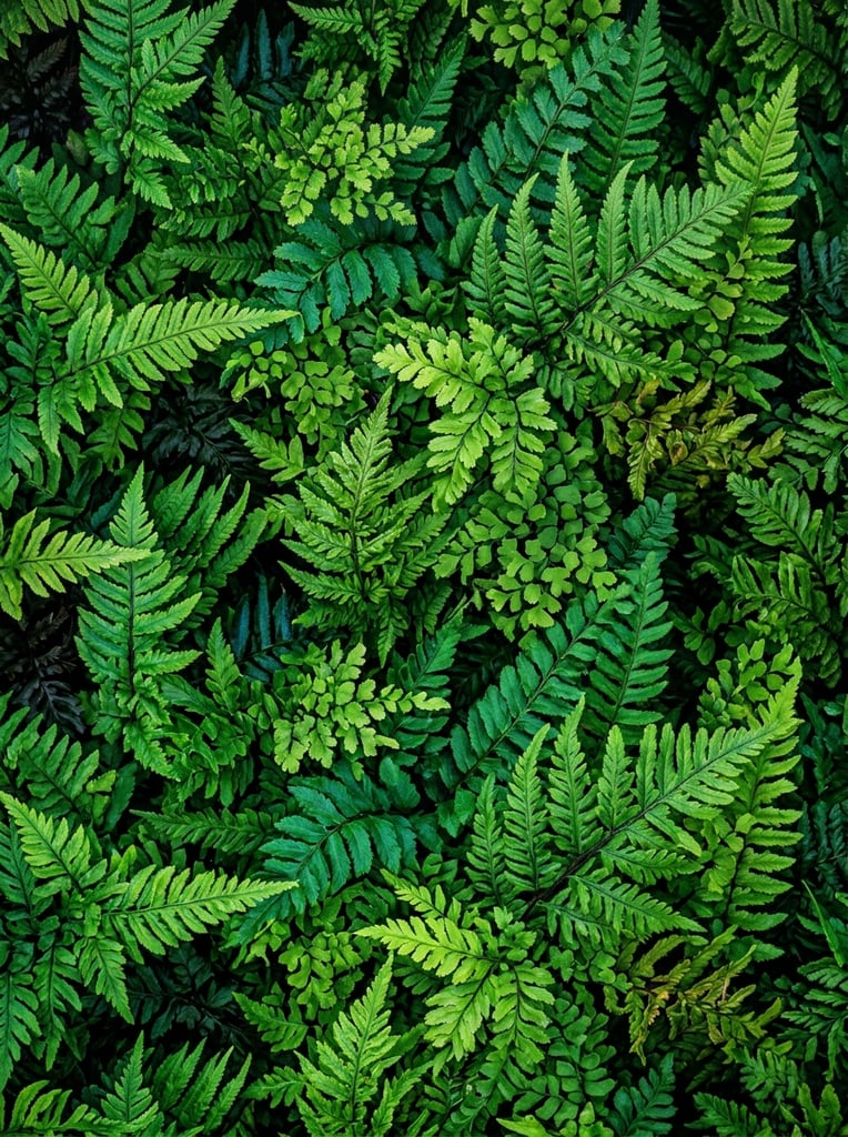 fern leafs pattern, background, top view, organic texture, seamless texture, rich colors, contrast lighting, bright colors, detailed texture, realistic photo