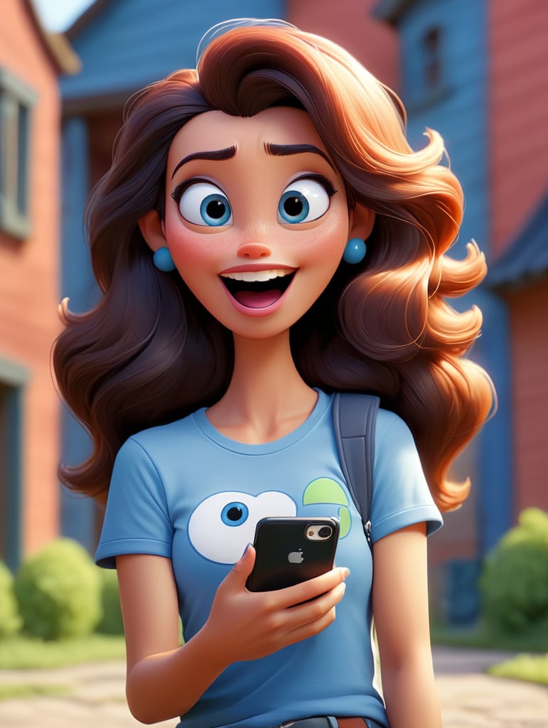 linda mulher jogando no celular e feliz de frente para camera com camiseta azul