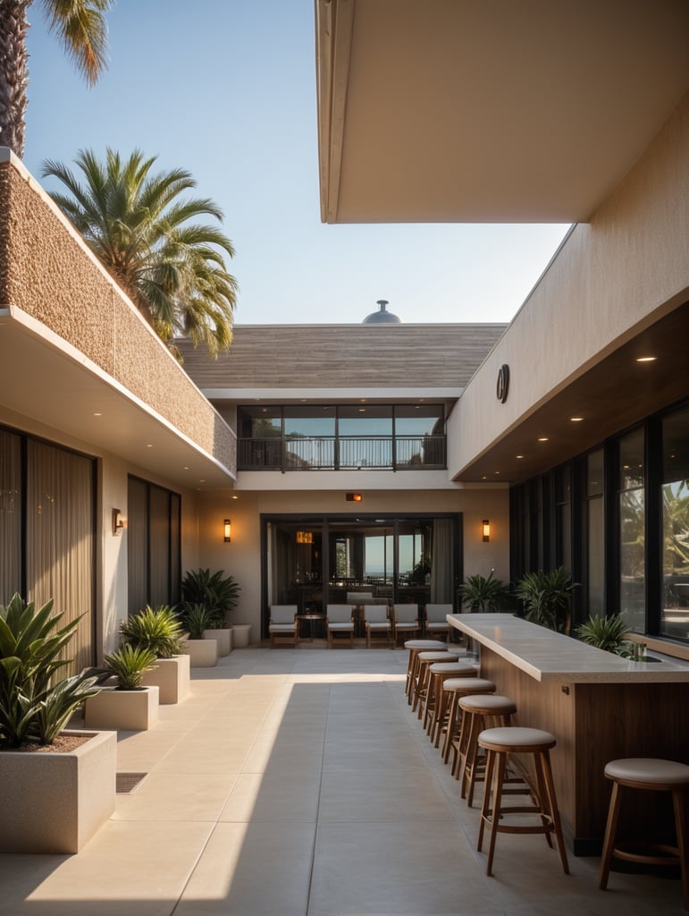 minimalist 50‘s style boutique hotel in malibu beach. natural colors