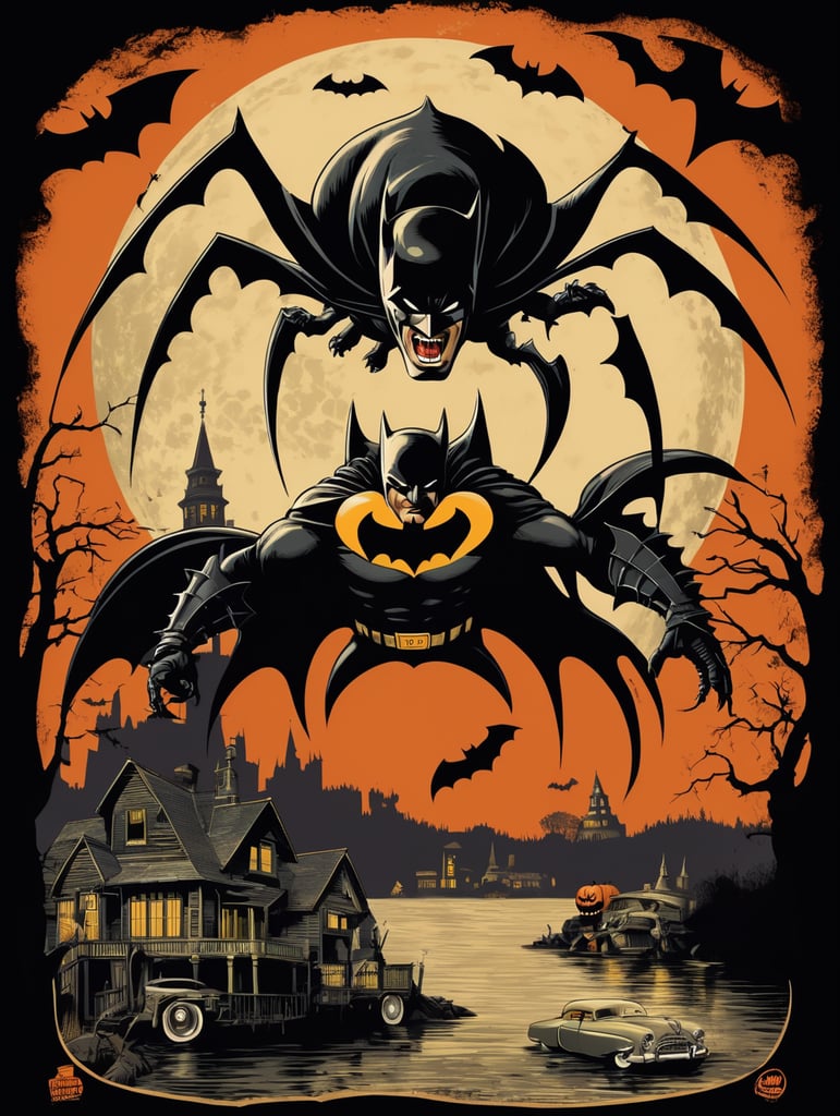 1950's b-movie horror halloween t-shirt print design featuring a giant batman