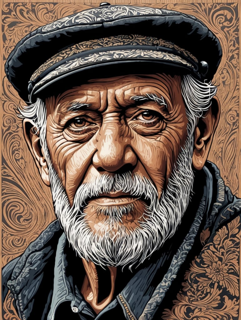 Woodcut print of an old man, digital art, vector, art by roy l davies and tugboat printshop