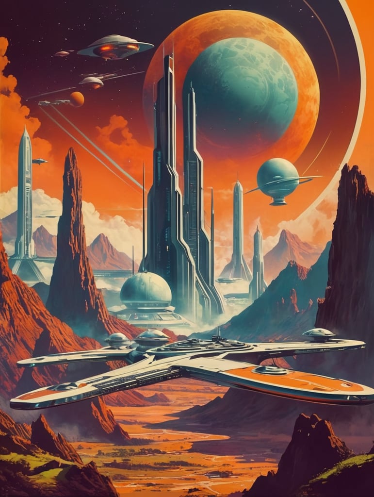 design sci-fi images in 1970s art style