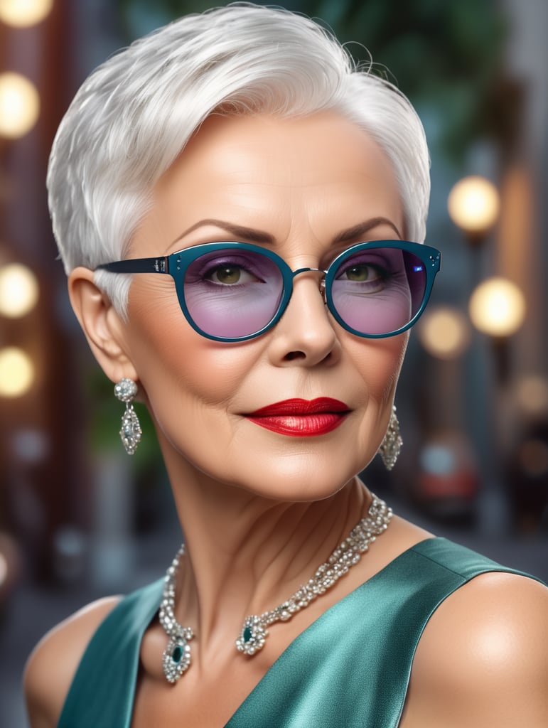 A portrait of a beautiful stylish older woman with white platinum short hair and big glasses, glamorous Hollywood portraits, highly realistic, daz3d, women designers, high resolution, very fashionable, colorful, dress as young woman