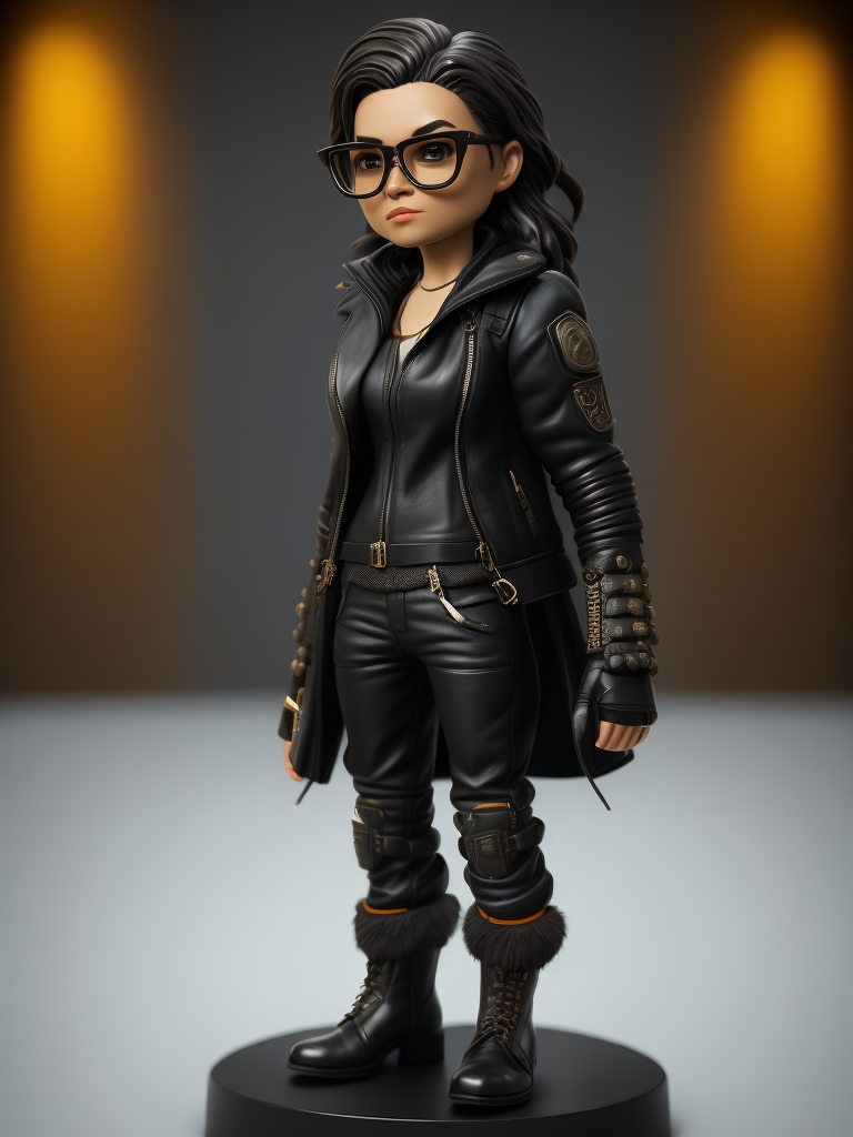 Full body Plastic figurine of a brutal chick, black glasses, leather jacket, black boots, 3d octane render, funko pop,