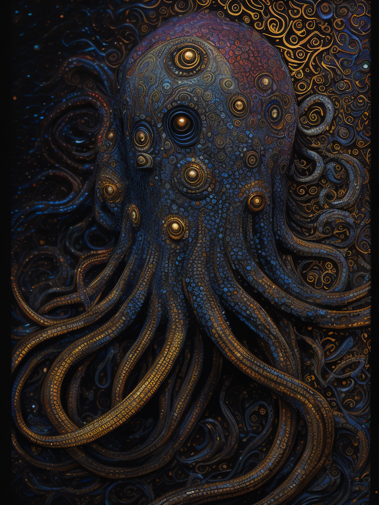 Vibrant Fine Art Pointillism Engraved into Black Metal, Surreal portrait, Octopus with long flowing colorful tentacles, Hundertwasser and Soulages, hyperrealism, textured depth, tarot, vivid interplay of light and shadow