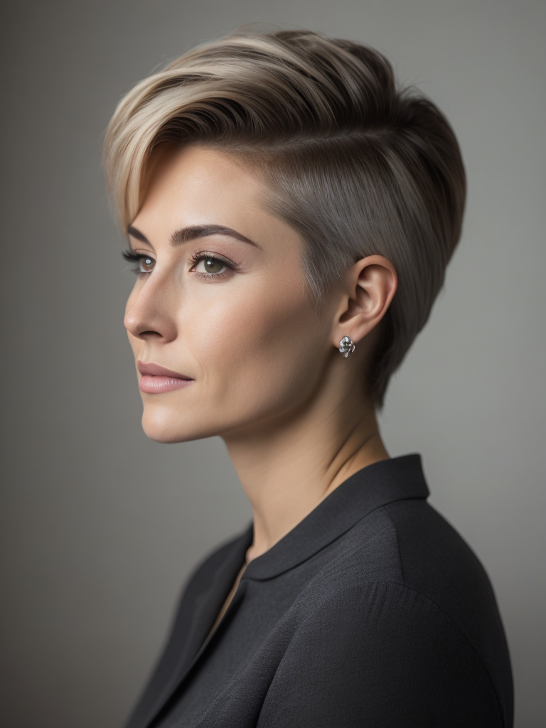 a 42 yo woman, blonde, (hi-top fade:1.3), dark theme, soothing tones, muted colors, high contrast, (natural skin texture, hyperrealism, soft light, sharp)