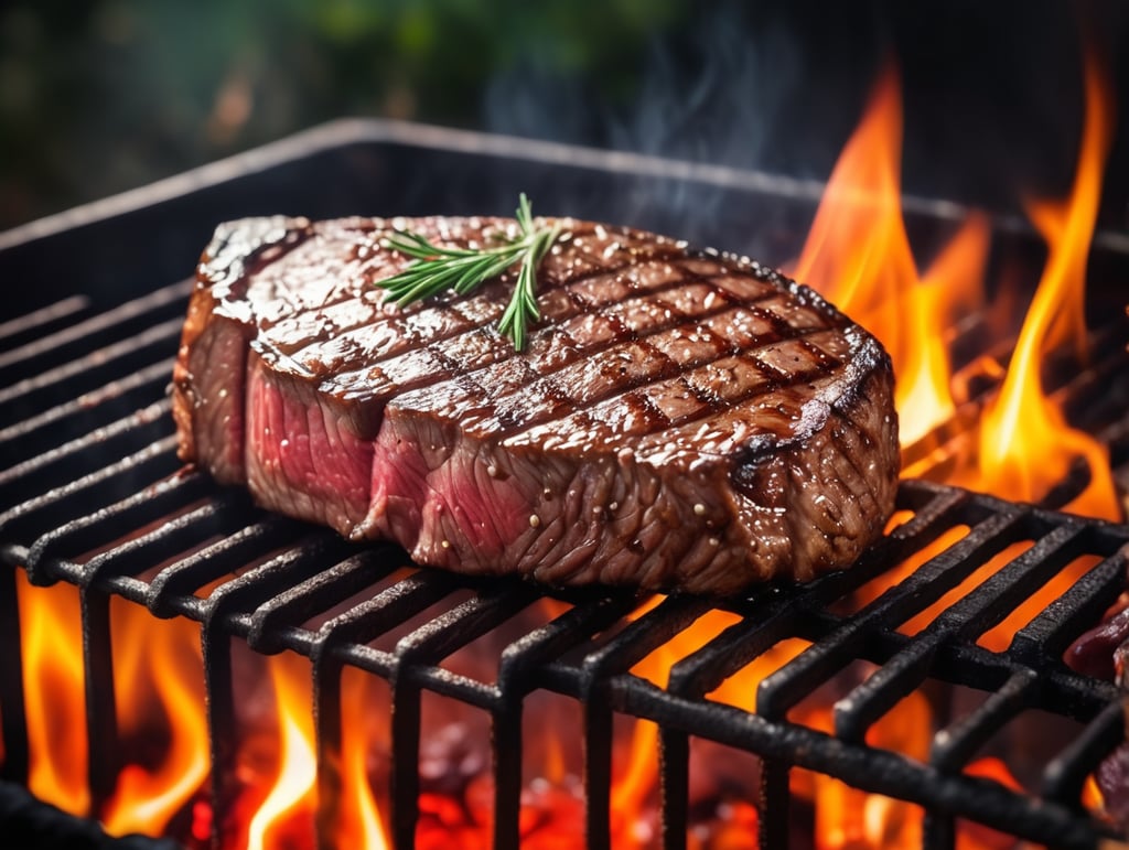 close-up Beef steak on the grill with visual effects and background that stimulate the appetite