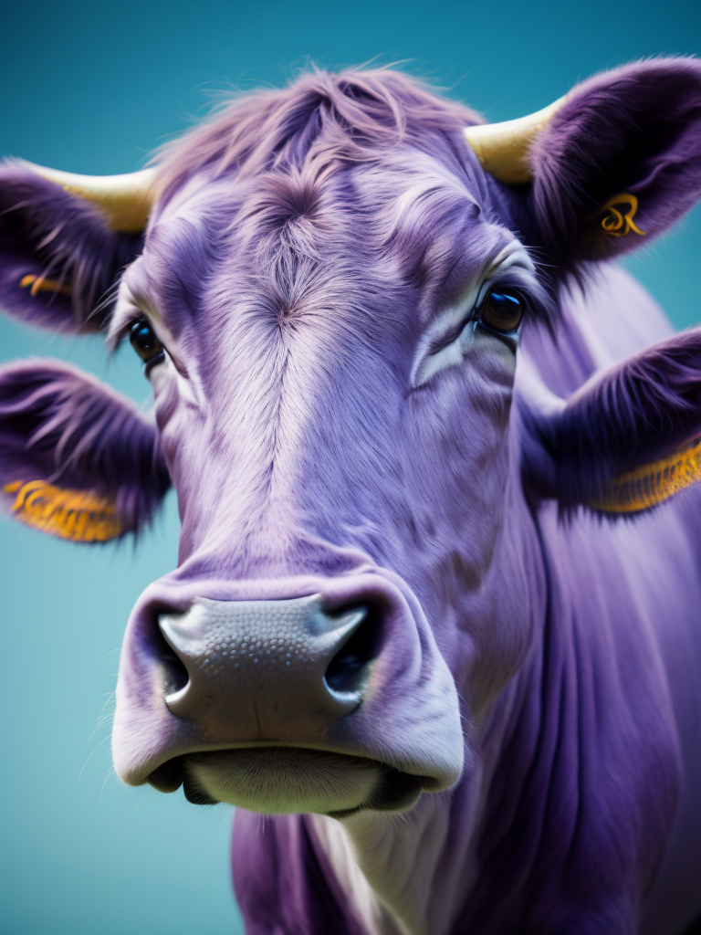 Purple Cow Portrait, Sharp Details, Cow Focus, Bright colors, Cyan Gradient Background