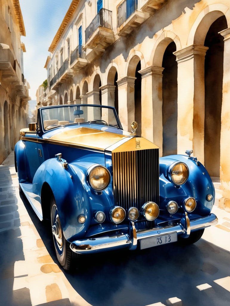 Blue and gold convertible Rolls Royce in a shaft of sunlight in Greece in watercolour style