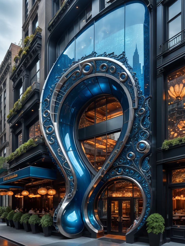 A futuristic neocosmic architectural facade of à Restaurant on the form of a musical note, in New York city, in blue glass, hyper realistic, hyper detailed, Nikon camera