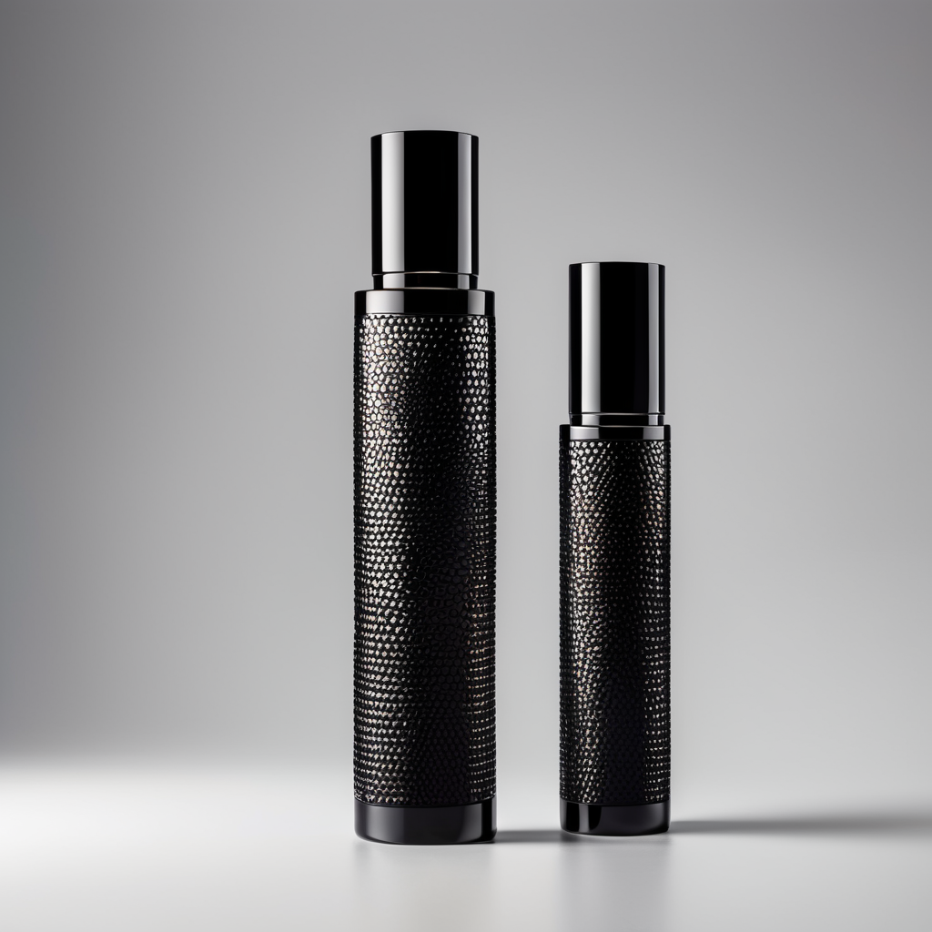 Botellas minimalistas de perfume altas y luxury de vidrio negro con texturas que generen tripofobia y etiquetas de colores vibrantes y muy minimalistas