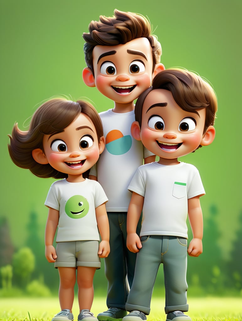a Little boy and girl wearing white t-shirts, standing in front of green background, blank shirts no print, 3 years old smiling toddlers, photo for apparel mock-up