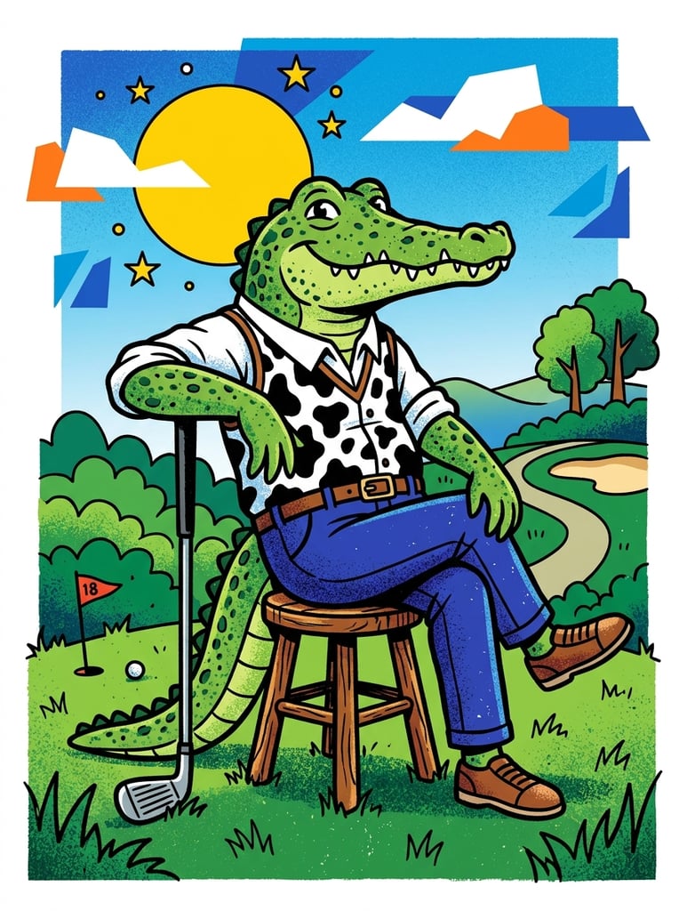 A grainy vector illustration of an anthropomorphic speckled green crocodile in a cow-print vest and blue trousers sitting on a stool, leaning on a golf club. The vibrant pop-art scene includes geometric clouds, a bold yellow sun, stars, and green bushes against a blue gradient sky.