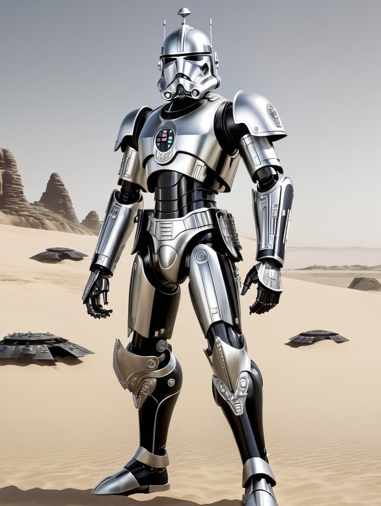 commando droid, star wars, full body, battle pose, shiny black and white armor, shiny silver light eyes