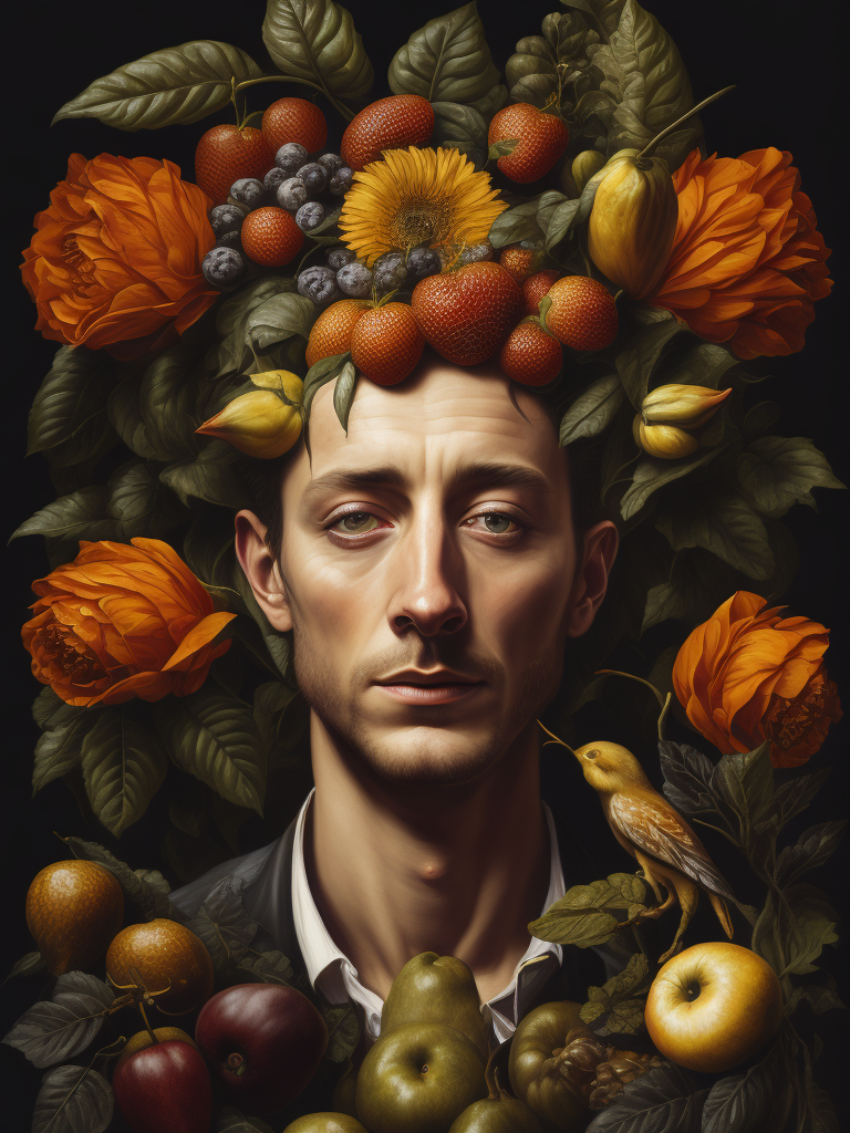 a painting of Jeremy Allen White's head surrounded by flowers and fruit, Painting, Oil, Still Life, Botanical, Italy, style of Giuseppe Arcimboldo