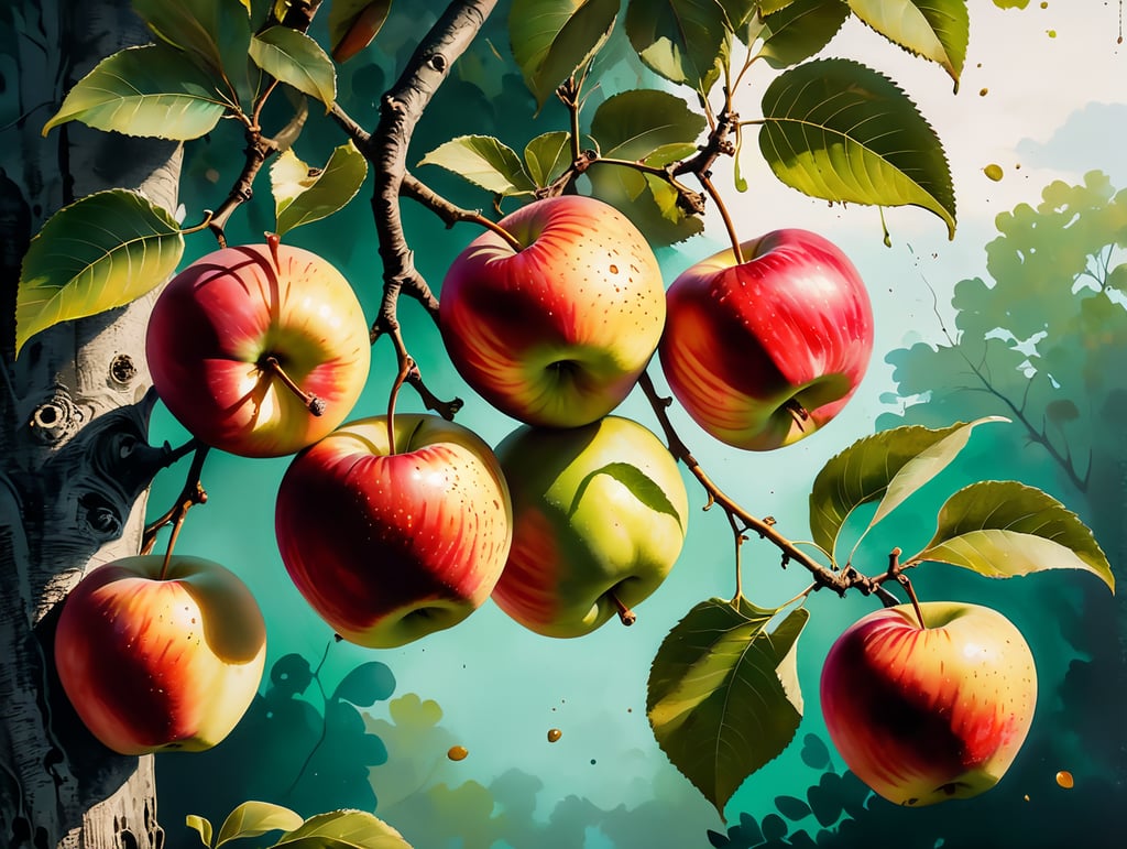 Close up of 5 Red apples hanging from a tree with green leaves
