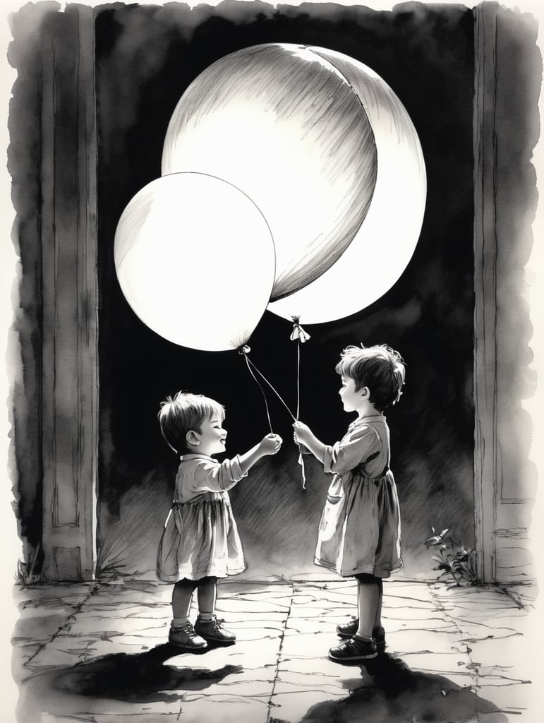 Ink pen sketch, low light, low detail, child holds a balloon in his hand