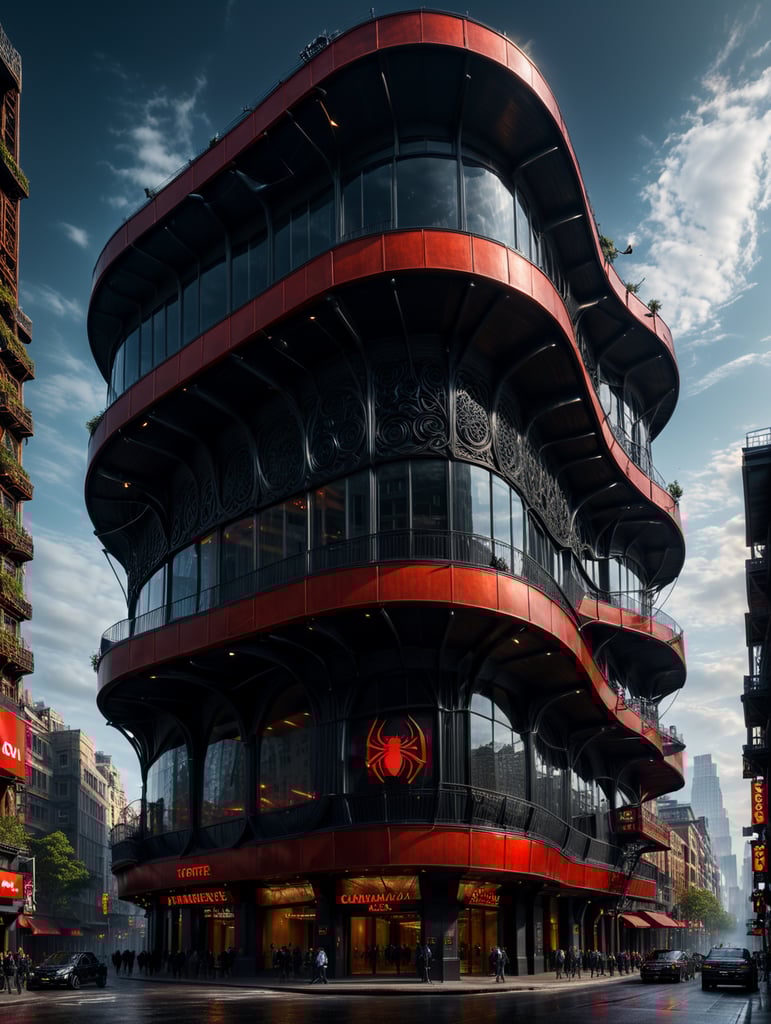 dream prompt: the craziest, bentwood, far view lens architectural modern style hyper realistic hyper detailed neocosmic exterior architecture design of a spider Fluid complex facade, geometric shapes spectrum, black::1 red:3, Antoine Blanchard architecture art style, in new york city, dramatic ambient, natural lighting, camera sony, 8k, --s1000 --style raw, you can imagine
