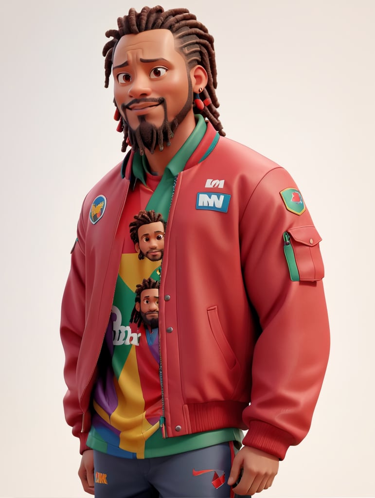 a man with dreadlocks on his head is wearing a colored jersey and a red bomber jacket