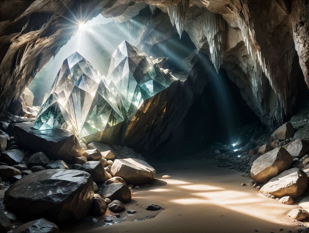 pure crystal-prism cave with white sunlight