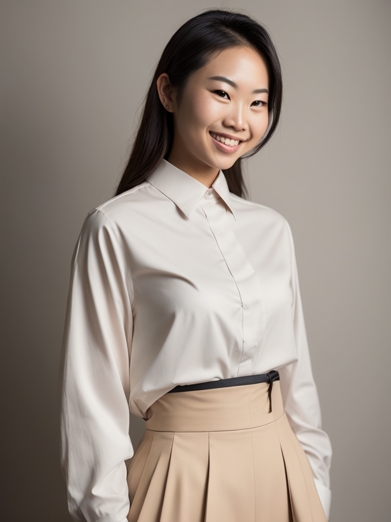 A asian girl fullbody with beutifull smile, 29 year old girl with shirtwaist color beige, at a co-working