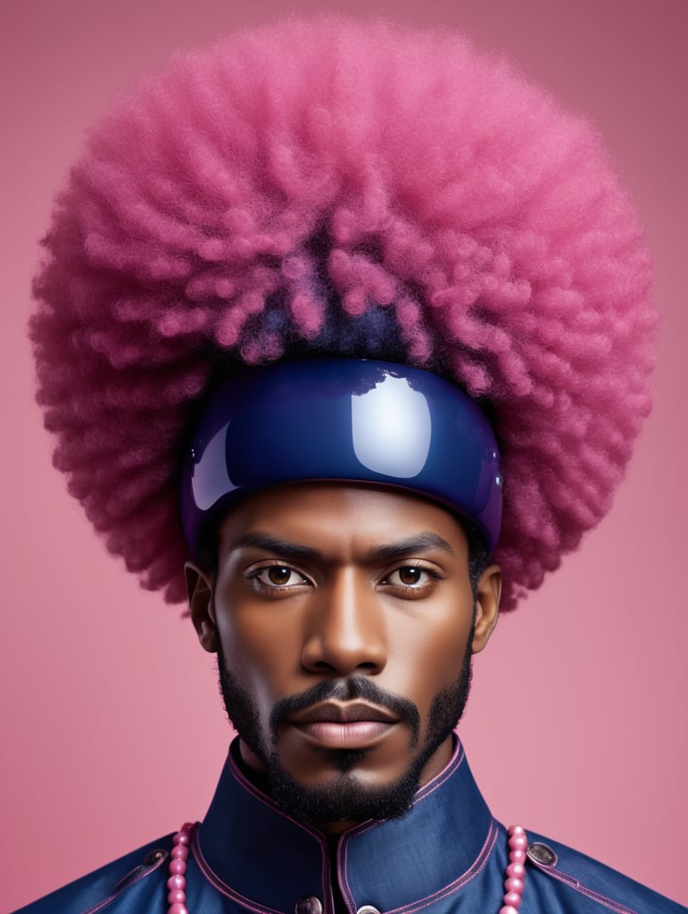 Afro ebony man, avant-garde, simplygo, photoshoot spread, dressed in all indigo, pink background, harpers bizarre, cover, headshot, hyper realistic