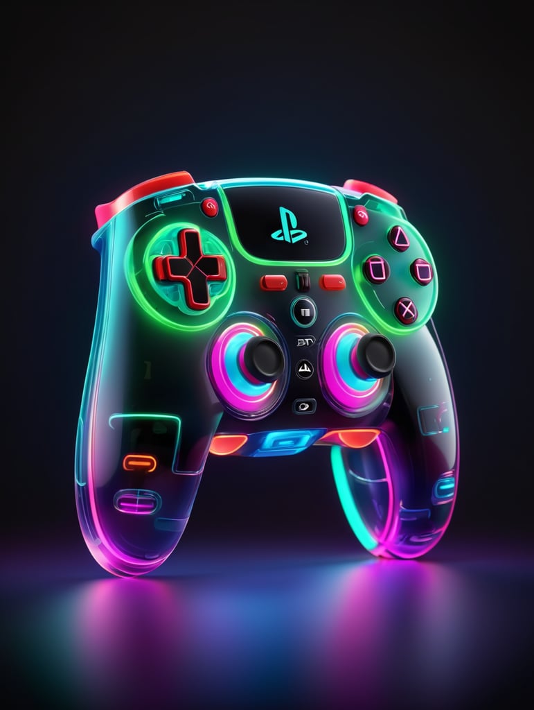 Design a futuristic, neon-colored gaming controller in the style of a playstation controller, glowing neon, semitransparent, deep vibrant colors, high details